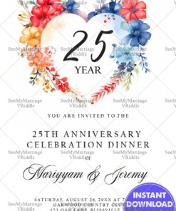 Colorful Floral Heart Design Wedding Anniversary Celebration Dinner Invitation