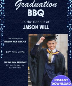 Graduation BBQ Invitation with String Lights and Graduate Photo on a Dark Blue Background