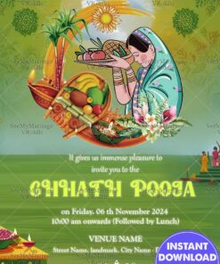 Green Goddess Chhath Puja Invitation Traditional Festive Template