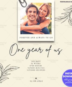 Minimalist Anniversary Card Design with Polaroid Photo and Floral Illustrations