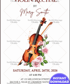 Minimalist Violin Recital Invitation with Watercolour Roses and Neat Typography