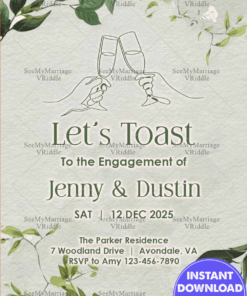 Modern Greenery Engagement Party Invitation with Champagne Toast-Themed Line Art