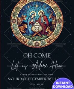Nativity Scene Christmas Invitation Stained Glass Style with Holy Family Design