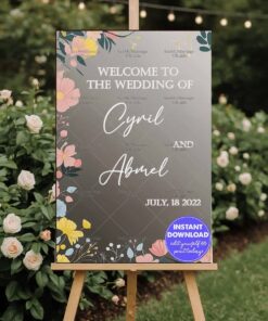 Neutral Gray Background Wedding Welcome Banner with Pastel Flower Illustrations