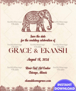 Pale Pink Indian Wedding Save-the-Date Card with Paisley Borders and Intricate Elephant Motif