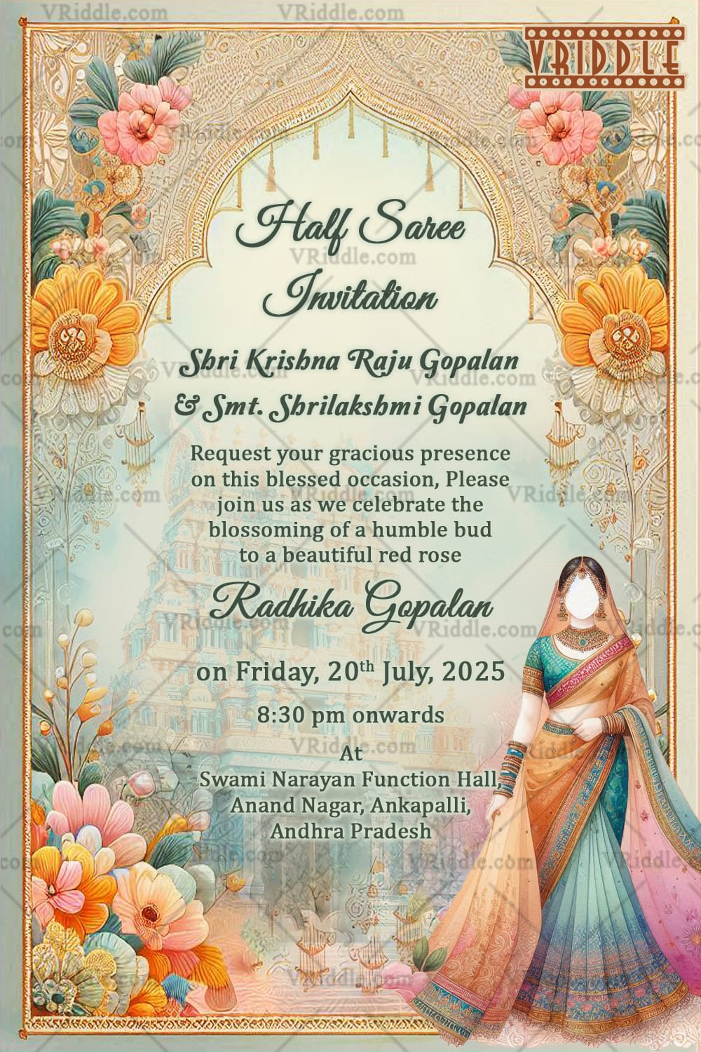 Pastel Elegance Half Saree Invitation Card - Image 2