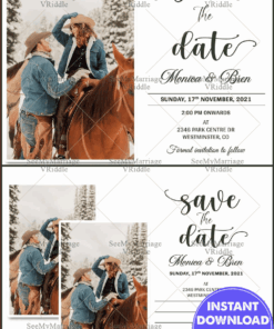 Postcard Style Save The Date Card with Minimalist Design and Couple Photos