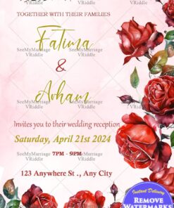 Romantic Red Rose Wedding Reception Invitation with Blush Pink Background