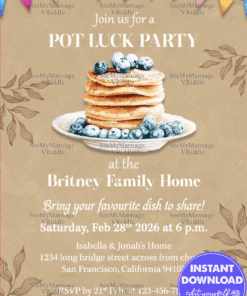 Rustic Beige Potluck Party Invitation Featuring Pancake Stack and Minimal Floral Illustrations