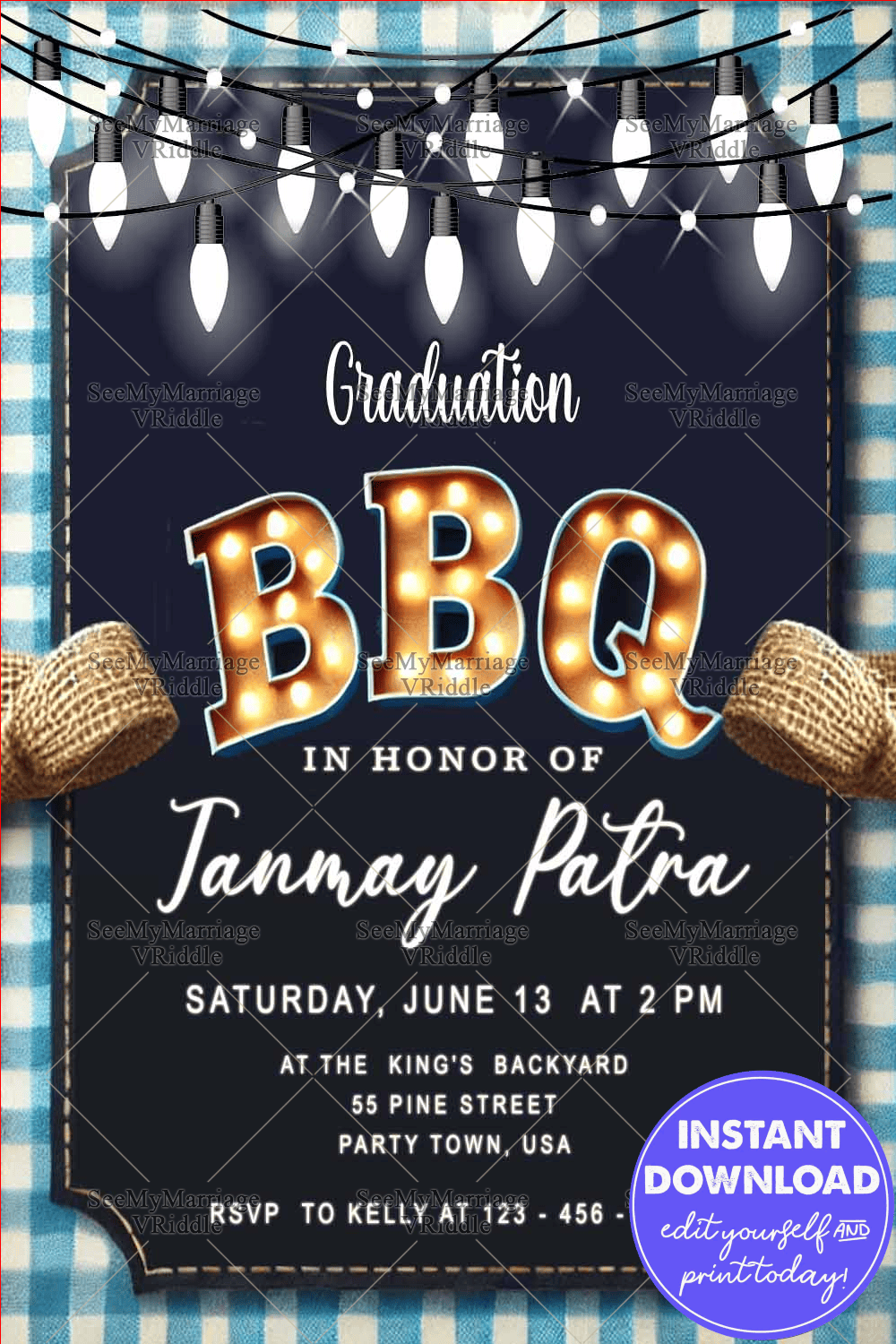 Rustic Graduation BBQ Invitation with Marquee Lights