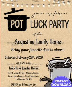 Rustic Potluck Party Invitation Featuring Hand-Drawn Illustrations and a Cozy Kraft Paper Background