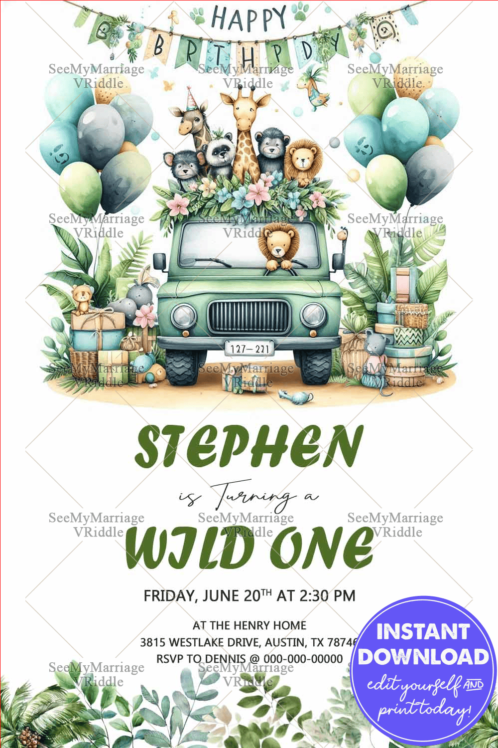 Safari Adventure Birthday Invitation with Jungle Animals