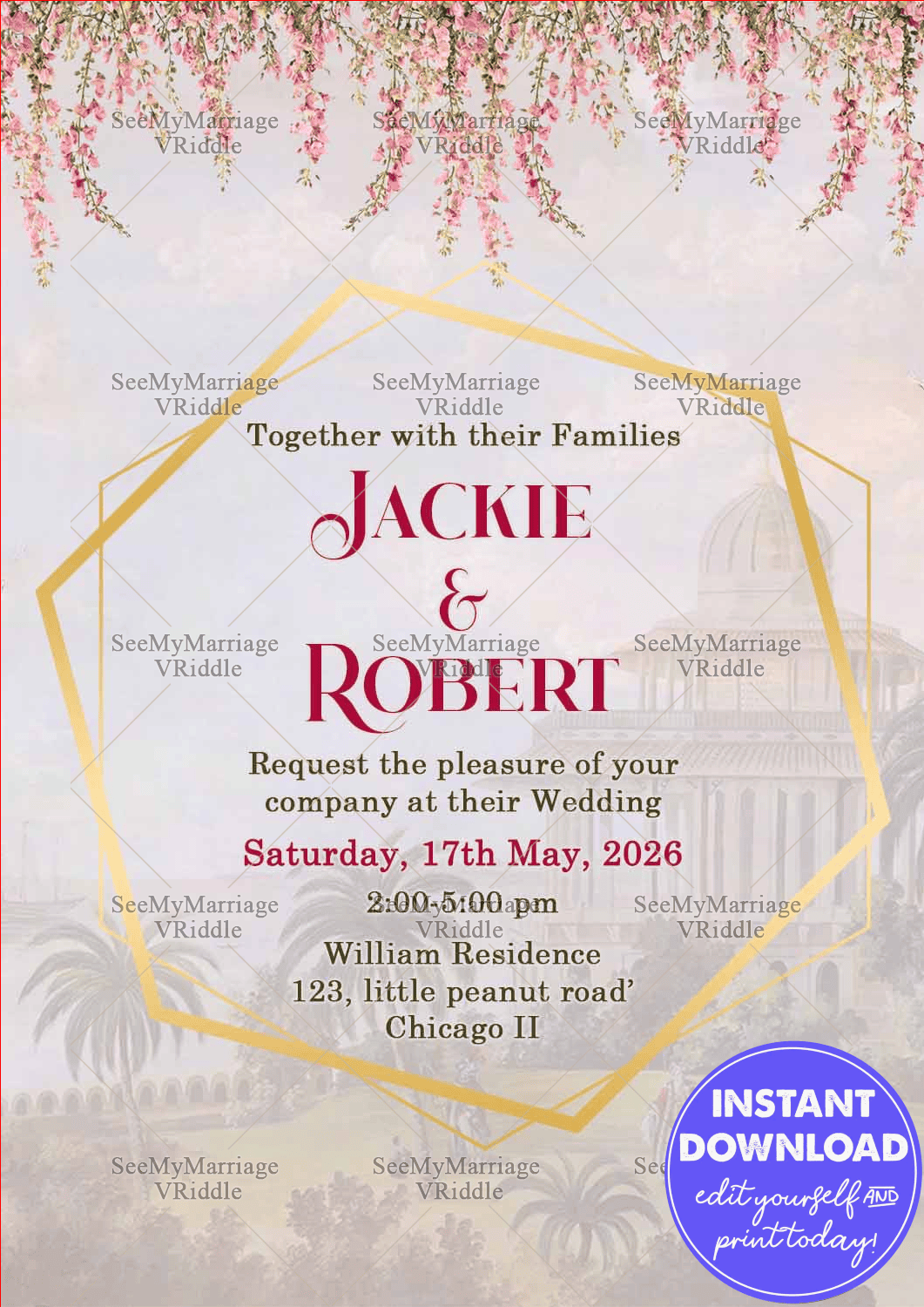 Simple Wedding Invitation with Subtle Vintage Background, Geometrical Frame and Floral Arrangements