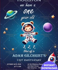 Space Adventure Birthday Invitation with Cute Astronaut Theme