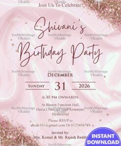 Pink Satin Birthday Invitation with Golden Glitter Accents