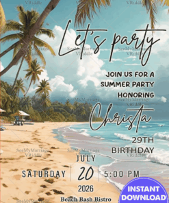 Summer Beach 29th Birthday Party Invitation with Tropical Vibes Featuring Palm Trees and Ocean Waves Image Background