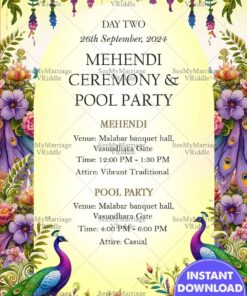 Vibrant Mehendi Ceremony and Pool Party Invitation with Floral Peacock Design