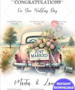 Vintage Car Wedding Congratulations Card Personalized Just Married Floral Design