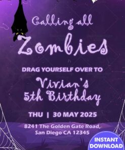 Zombie-Themed 5th Birthday Invitation with Spooky Graphics and Dark Purple Halloween-Inspired Design