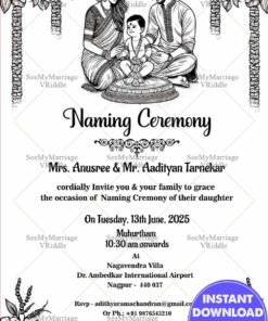 Black & White Theme Naming Ceremony Invitation With Family Illustration and Classic Line-Art