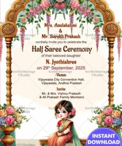Graceful Half-Saree Invite Featuring Gold Pillars with Girl Illustration, Ornate Arch Design