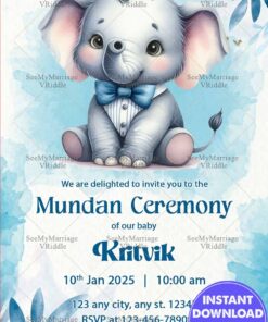 Adorable Mundan Ceremony Invitation with a Cute Elephant Illustration and Soft Blue Botanical Accents