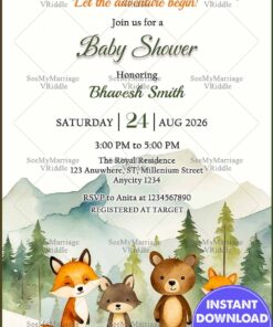 Adventure-Themed Baby Shower Invitation with Woodland Animals and Watercolor Forest Background
