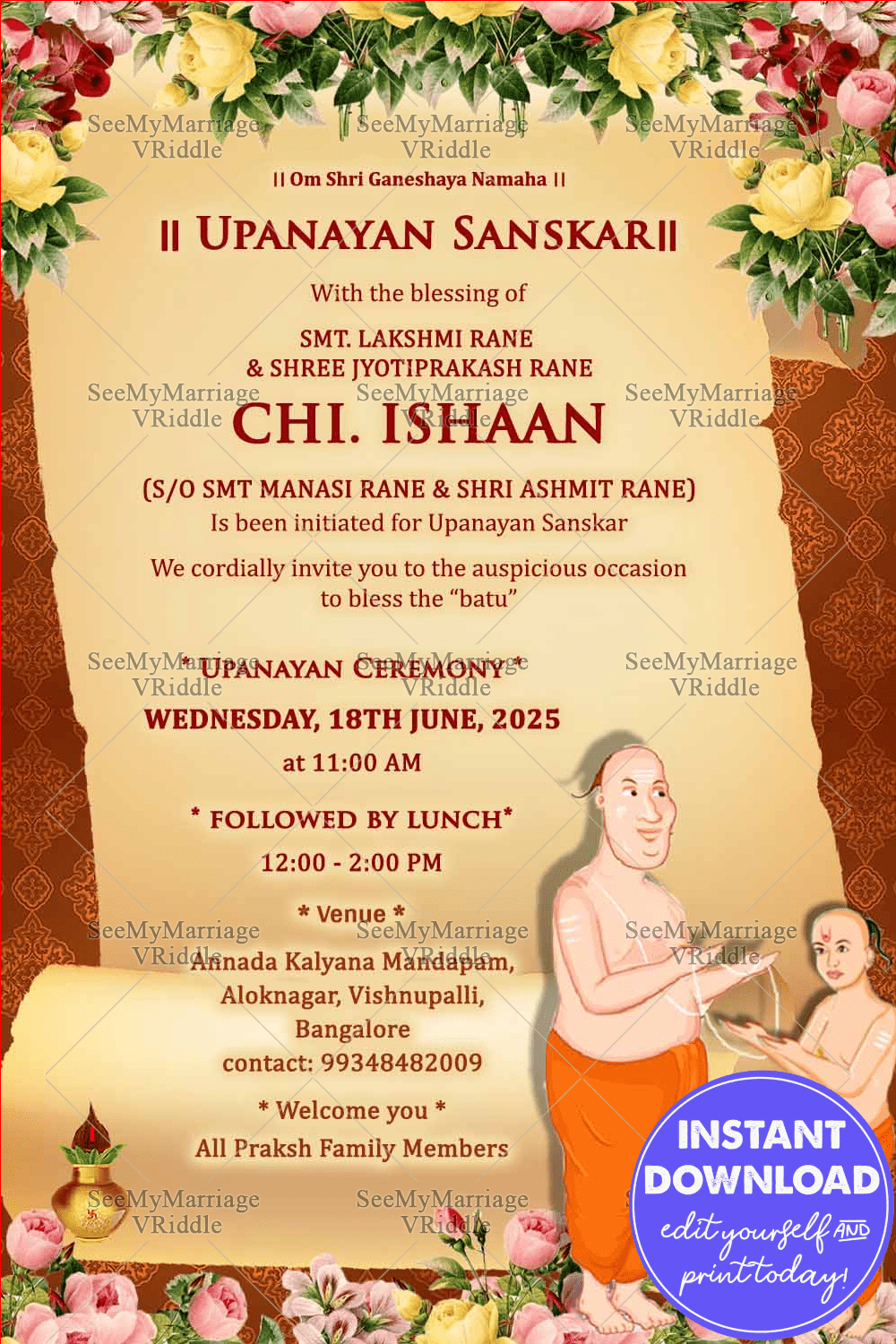 Cultural Upanayan Invitation Card with Priest Illustration, Featuring Floral Accents and Scroll Theme