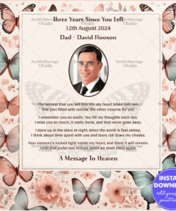 Memorial Tribute Design with Butterfly Motif, Poetic Messages, and a Floral Border for a Loved One