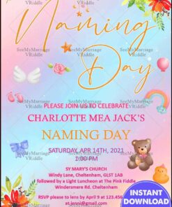 Pastel Gradient Background Naming Day Invitation with Spring Floral Accents