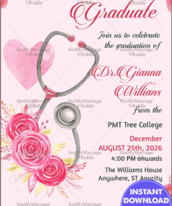 Pink Medical-Themed Graduation Invitation Featuring Stethoscope Illustration and Floral Design