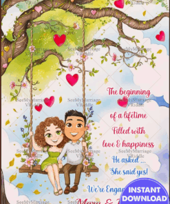 Romantic Cartoon-Style Engagement Announcement with Cartoon Couple on a Swing and Romantic Tree