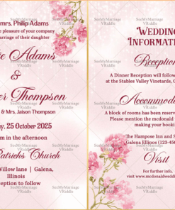 Romantic Pink Floral Wedding Invitation with Elegant Script, Detailed Event Information and Glitter Accents