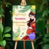 Seemantham Ceremony Welcome Banner with Tropical Leaves and Graceful Expectant Mother Illustration