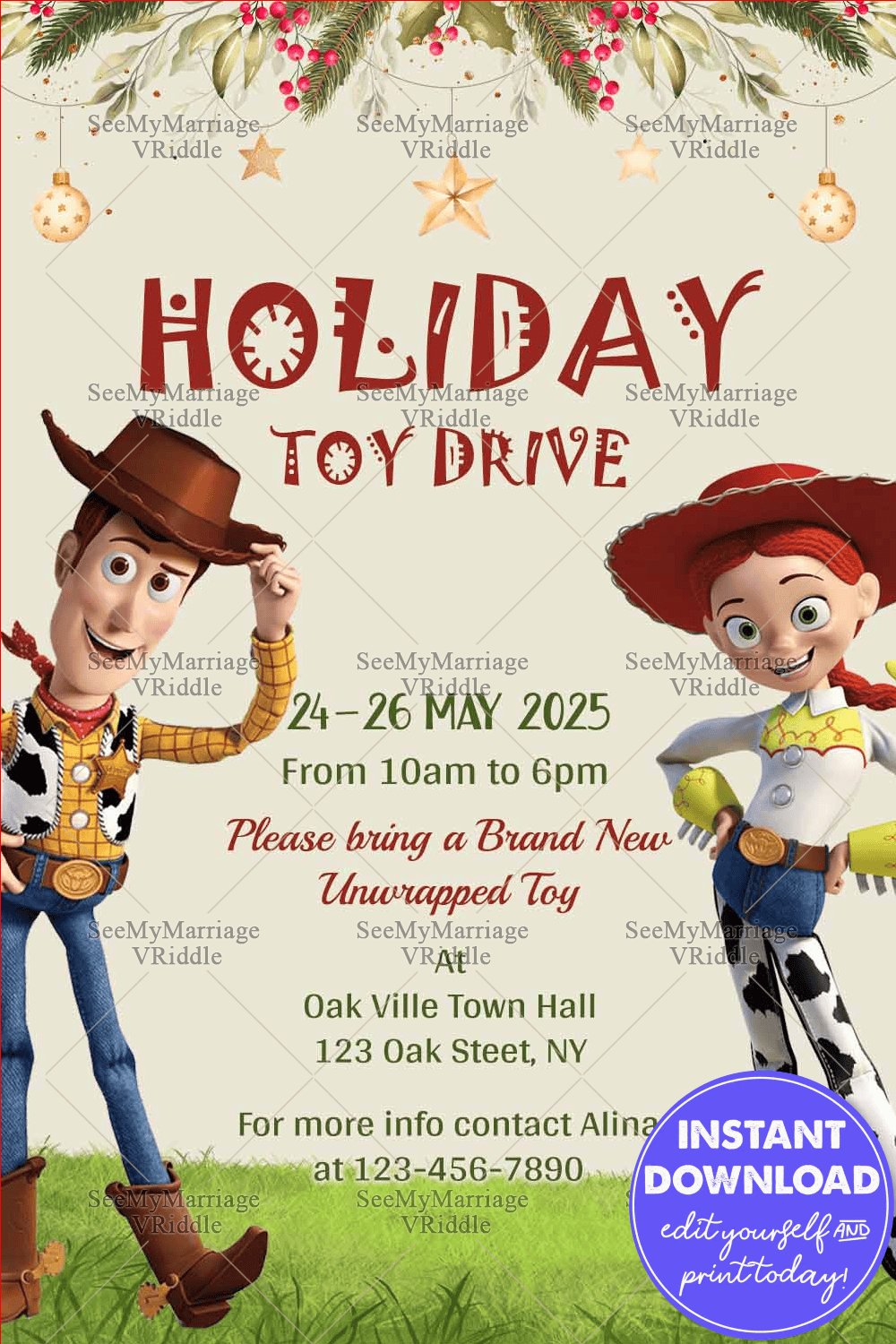 Toy Story-Themed Holiday Toy Drive with Cowboy and Cowgirl Illustration and Festive Greenery Accents