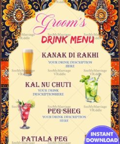 Traditional Punjabi-Themed Groom’s Drink Menu with Ornate Patterns and Creative Cocktail Names