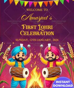 Animated Dhol Players Lohri Poster with Warm Bonfire Design