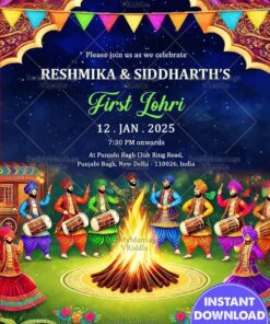 Traditional Lohri Invitation with Dhol Players and Dancers Around Bonfire
