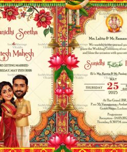 Traditional Lotus Theme Wedding Invitation Card with Couple Caricature, Flowers and Bells