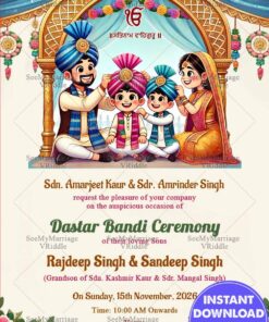 Vibrant Twins Dastar Bandi Invitation Card with Family Illustration