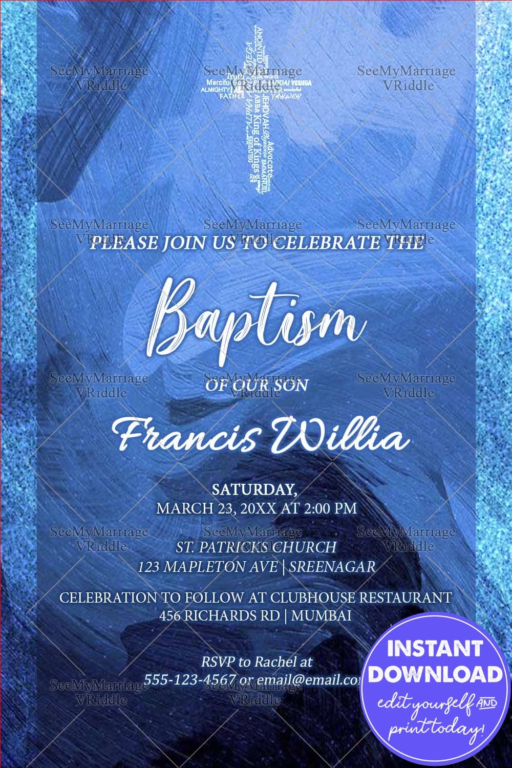 Blue Textured Baptism Announcement with Religious Elements