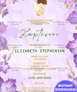 Lavender Floral Baptism Announcement with Angel Illustration