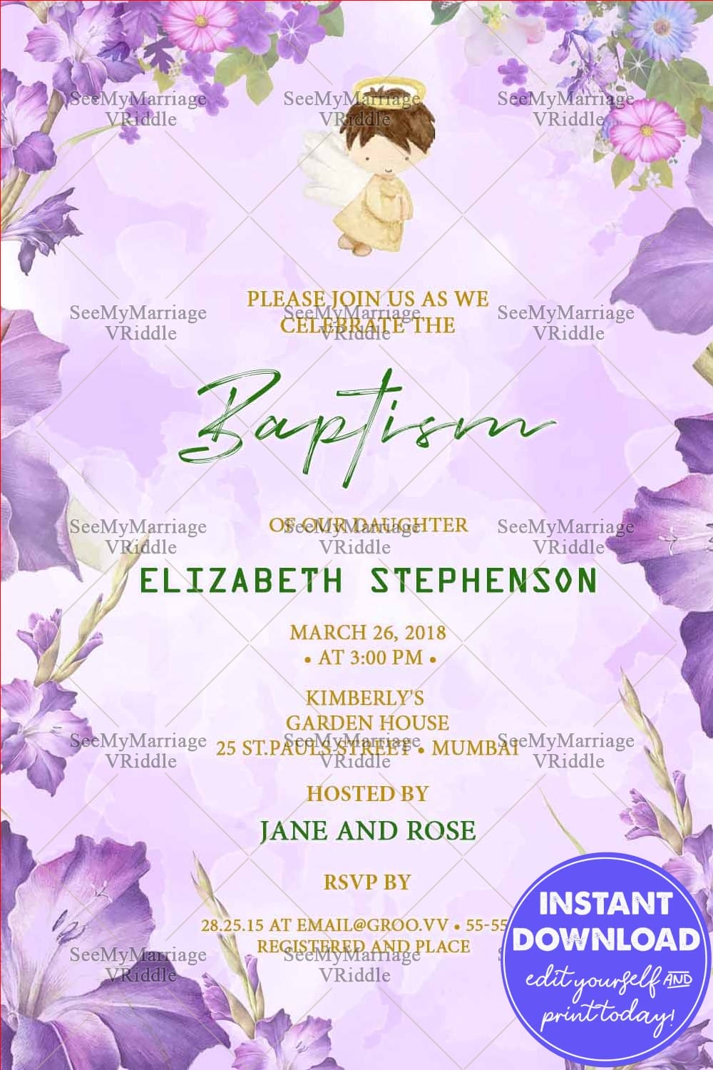 Lavender Floral Baptism Announcement with Angel Illustration