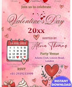 Romantic Valentine's Day Party Invitation with Hearts, Calendar & RSVP Details