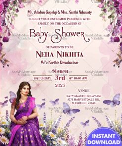 Charming Baby Shower Invitation with Mother Illustration, Whimsical Butterfly Accents and Purple-Themed Design