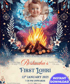 Colorful Lohri Celebration Invitation with Starry Theme, Floral Accents and Bonfire