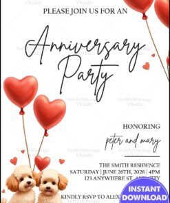 Heart Balloons-Themed Anniversary Party Invitation with Adorable Puppies Design