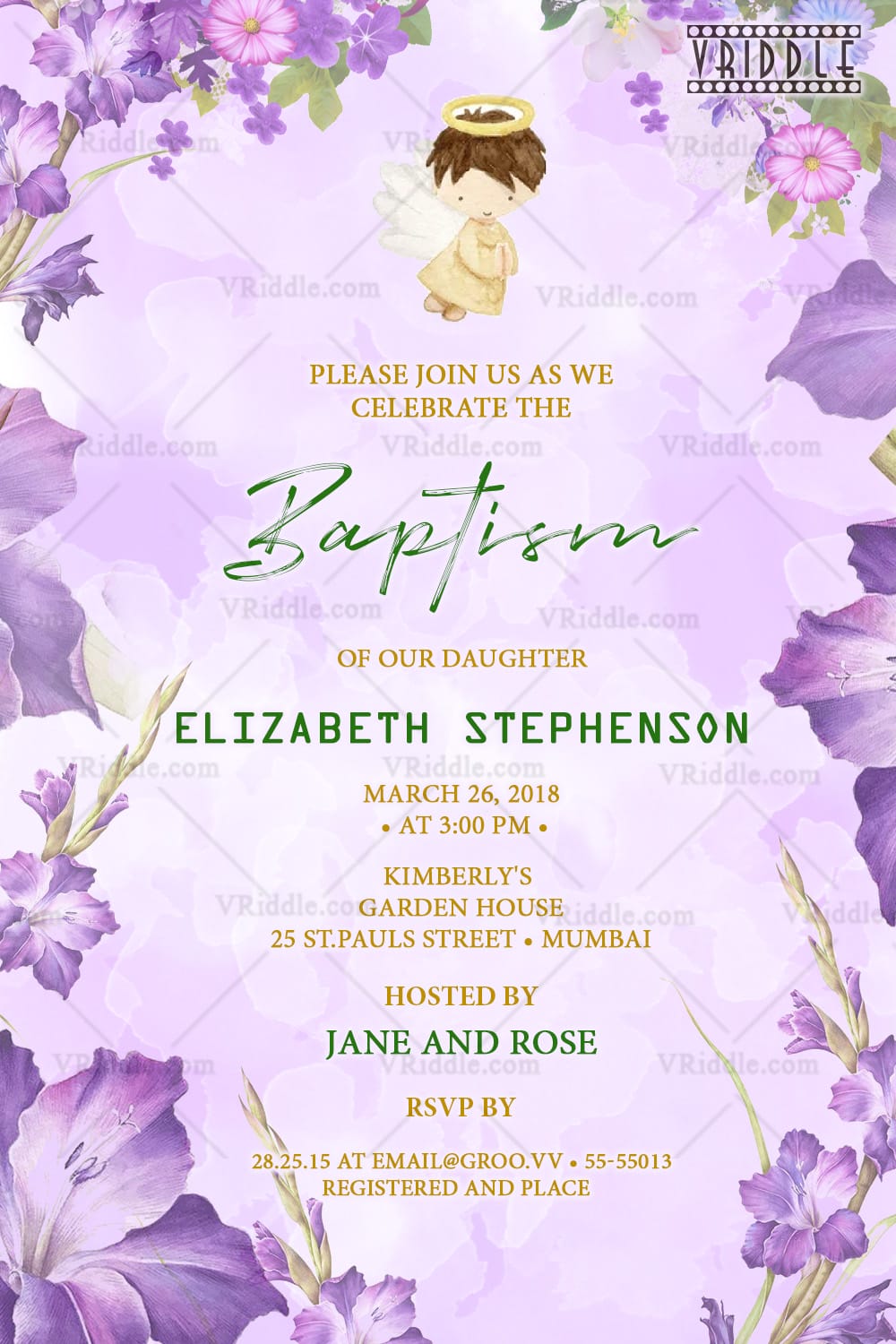 Lavender Floral Baptism Announcement with Angel Illustration - Image 2