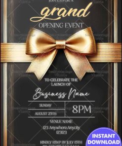 Luxurious Black and Gold Grand Opening Invitation with Bold Ribbon and Sophisticated Design