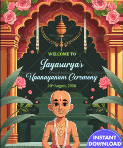 Pink Roses-Themed Thread Ceremony Invitation with Boy Illustration and Green and Gold Arch Motif